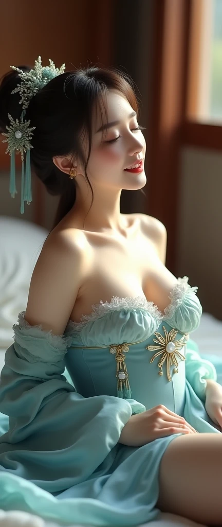 Beautiful Chinese woman, photorealistic, silk snow white cosplay, blue corset, satin, shiny, large breasts