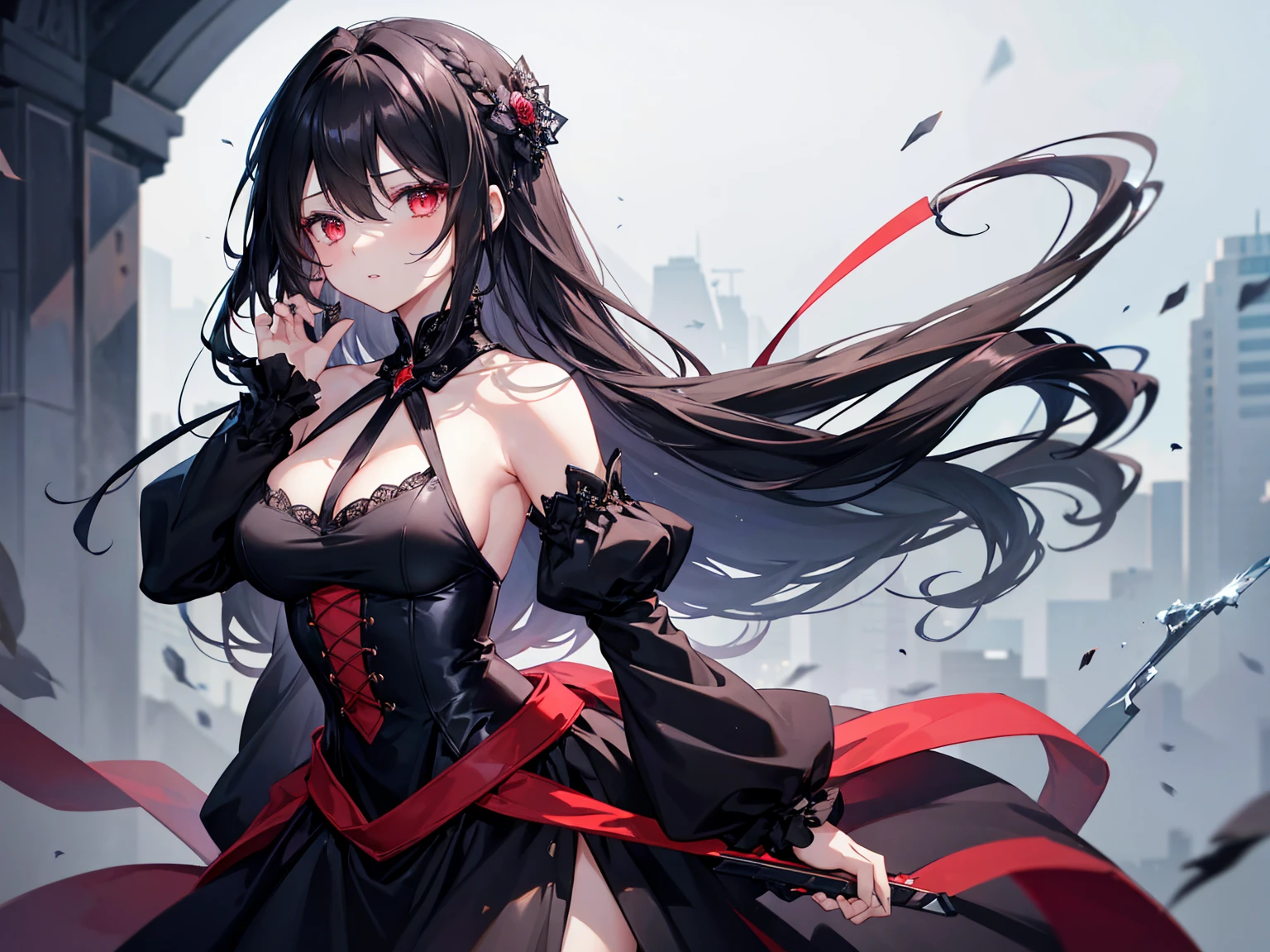 1 girl ,(big Stigmata) , ruined church, bloody rosary , (floating hair, floating skirt), ((blood sea)),from side, character focus, ((black light)),((dark lighting)), cinematic lighting ,(darkness), (concept art), ((rape face)) ,black long straight hair, black hair, pigtail hairstyles, long straight pigtails, hair ribbon , red eyes color, short black dress, tight black dress, absolute territory, thigh high socks, (glowing eyes), high resolution,(incredibly absurdres) ,extremely detailed CG unity 8k wallpaper, ((masterpiece)), ((top-quality)), (beautiful illustration), ((an extremely delicate and beautiful)), (masterpiece, Best quality, ultra high resolution), Black hair, pale skin, Black Crown, red eyes, Luminous_eyes, neon eyes, ultra detailed eyes, Beautiful and detailed face, detailed eyes, (Centered, torso), (tears), (wide shot:0.9), facing the viewer, Eye levell