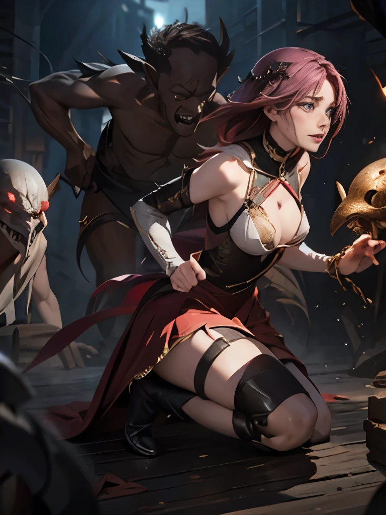 best quality、torture、 slave、restrict、Bondage、Caught by a bunch of monsters 、Surrounded by monsters、、 beautiful woman with very long reddish pink hair( messy hair )、white see-through celtic dress 1:5(Small breasts、 deep v-neck、 transparent nipples、Sleeveless、No elbow pads、Beautiful woman with very long purple hair 、Deep slit、 Fine Enough to See Through Skin 、feather-shaped skirt、 sexy)、 White Armor Boots、 white armor boots 、 Tears overflow 、 frightened expression 、run away、attacked by many monsters 1:5、 many ferocious monsters 1:5、Monster grabs arm. monsters attack from behind、Monster grabs the leg、 horde of monsters 1 :5、Midnight、 Darkness、 Different Worlds 、dungeons、Dark fantasy、Pitch Black Hell