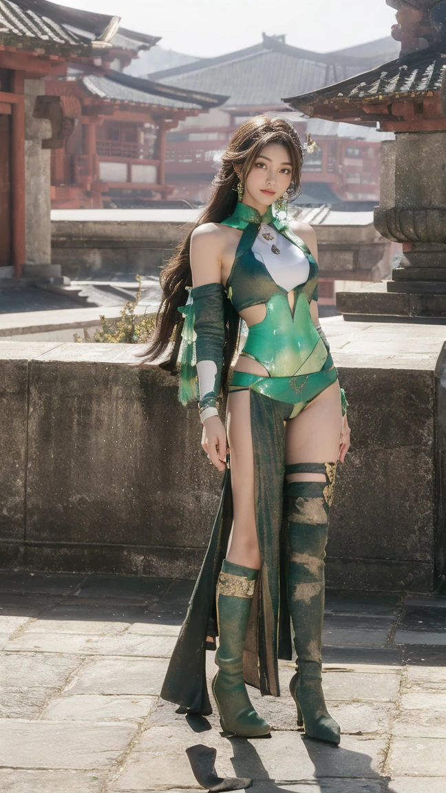 A pair of finely depicted metal long knife legs，Exudes a blue-green metallic sheen，Perfect lighting，Sideslit