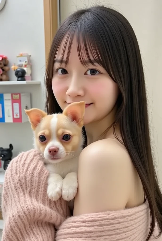 1 girl, nude,medium black hair, green eyes, dog ears, dog ears, Holding a puppy,whole body,squat,
