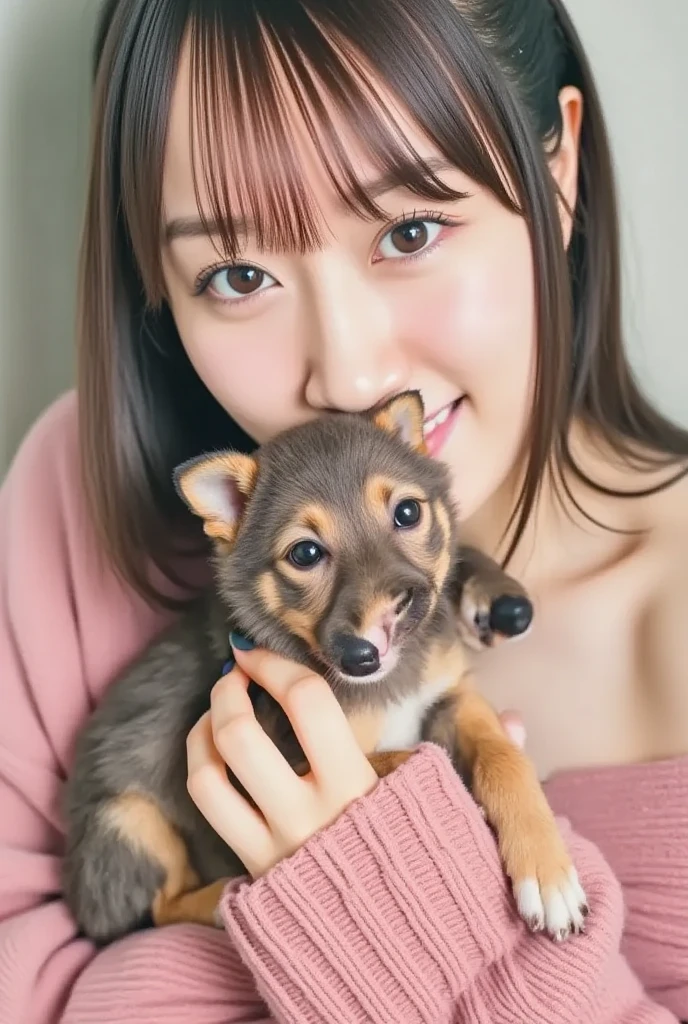 8K、Top image quality、masterpiece、An 18-year-old woman、Sleeping in bed side by side with a dog、(Siberian Husky in dogs、The dog licks her face:1.2)、Express happy time with dog with poses and facial expressions、fullnude、Cinematic lighting