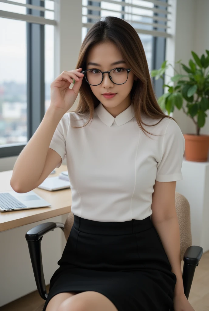 A candid photograph of a beautiful and confident Asian woman with a curvy figure, wearing a fitted white dress shirt and a black pencil skirt. She is sitting at her office desk, adjusting her stylish eyeglasses while looking at her laptop. The scene is in a bright, modern office with natural sunlight filtering through blinds. Shot in a realistic photography style, capturing a natural and professional atmosphere, (8k, RAW photo, best quality, masterpiece:1.4),realistic
