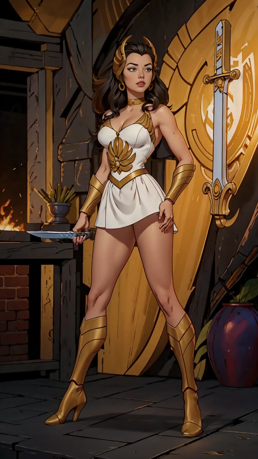 ((Full body photo, standing, feet on the ground)) Alison Tyler , ultrarealism, ultra-resolution, HDR, Photographic realism, woman, sword in hand, medium breasts, black curly hair, with the golden armor of Scorpio, Knight of the Zodiac, golden Athenian helmet, black cover, in Greece, fight, 8k, full body, slight smile, frontal shot.
