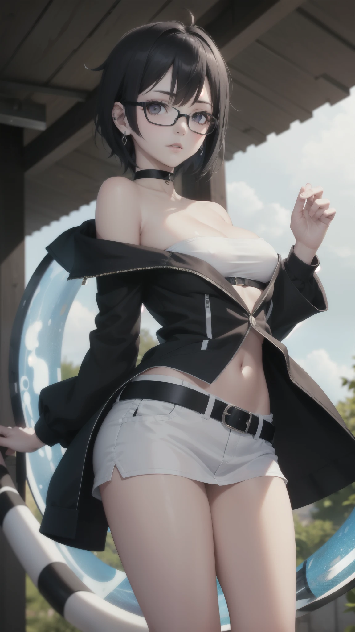 ((Matserpiece)), best quality, highres, Sarada, up, mature, adult, time skip, sort hair, thin glasses, bare shoulder, black jacket, tube top, black tube top, simple back grounr, sexy pose, black eyes, black hair, close up, earing, collarbone, uchiha symbol earing, very short hair, tomboy hair, tomboy, long tube top, choker, (boruto two blue vortex), half body, belt, skirt,