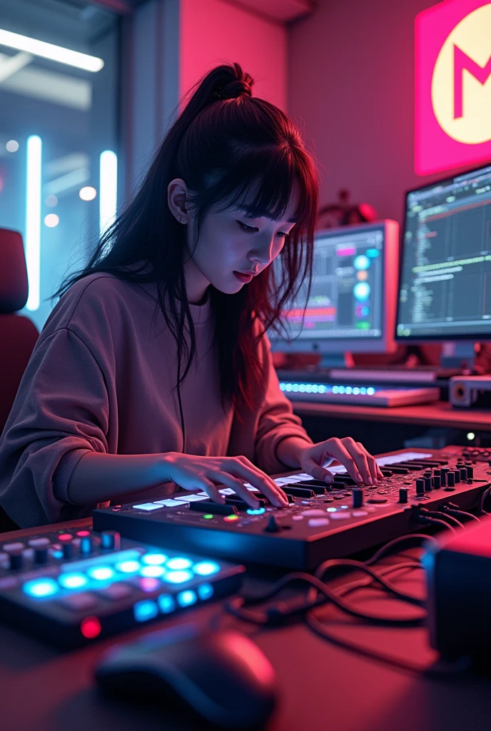 Create a hyper-realistic digital image A bustling music studio filled with modern equipment (representing Gen Z).