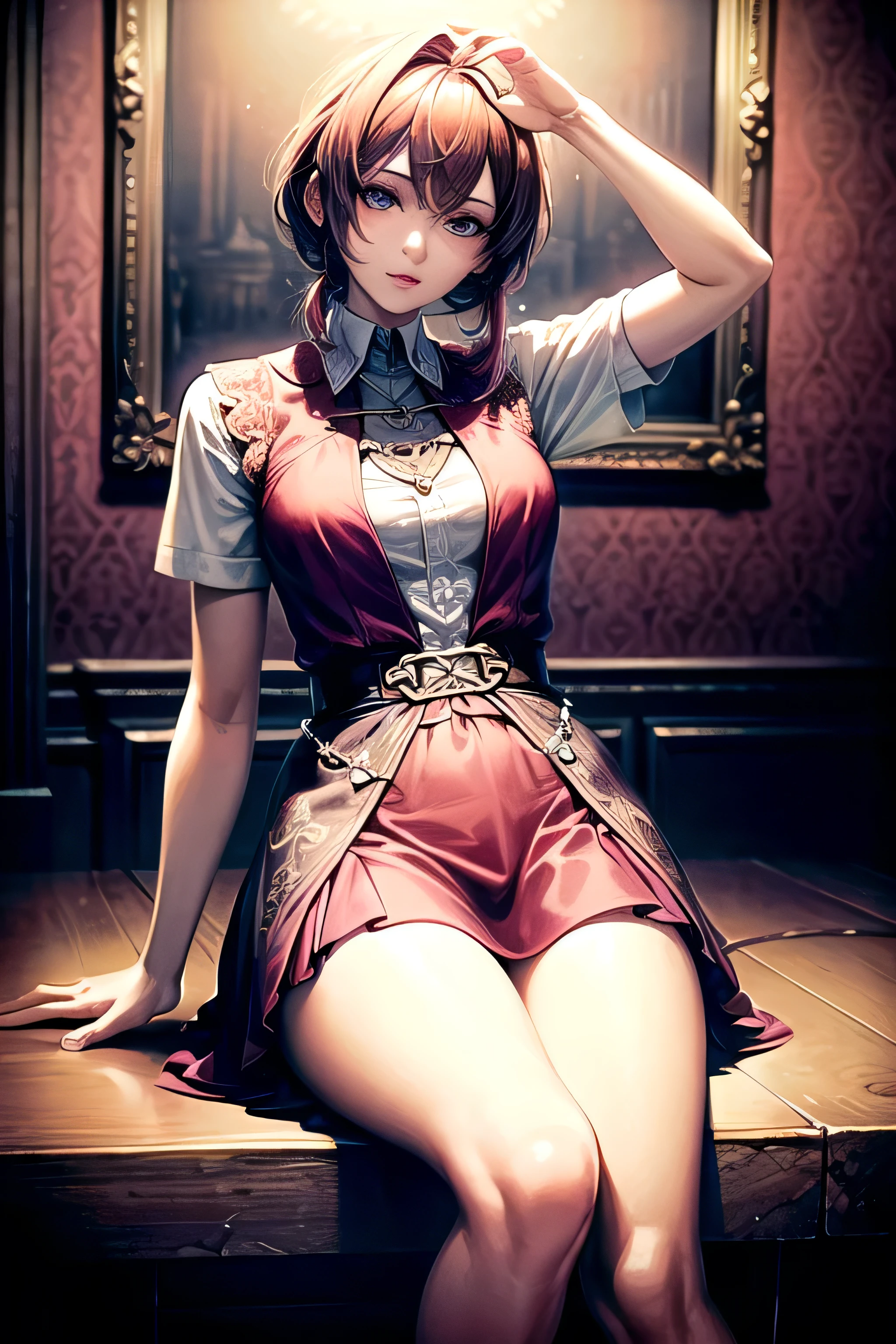 solo, young girl, green eyes, short haircut, ponytail, black hair, bare shoulder clothing, casual outfit, shoes, Bandage, long earrings, red lipstick, indoor, classic bar, morning day, full body version, full shot camera, detailed background, detailed hair, detailed clothing, (Bleach style art), (bigger breasts), sad eyes, smile mouth, standing gesture