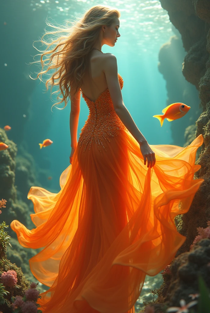 A girl in a yellow scale dress. Fish floating around. She is removing the scales from a little orange fish to finish her dress.. Blue cyan water background.
