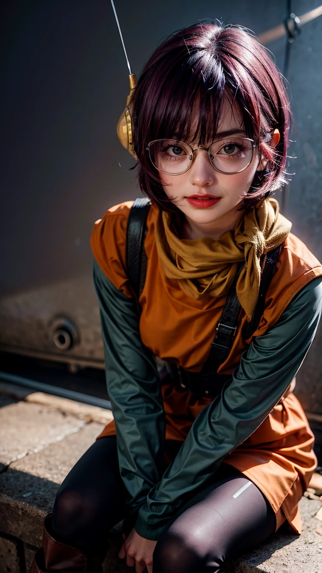 Lucca, ultra delicate face and details eyes, ultra detailed, (realistic), (solo), young woman, (purple color short bob hair, blunt bangs), BREAK (glasses), mechanical antenna earmuffs, yellow scarf, (orange color clothes), (long sleeve), BREAK (black short leggings), (boots), BREAK best quality, absolutely resolution, masterpiece, RAW photo