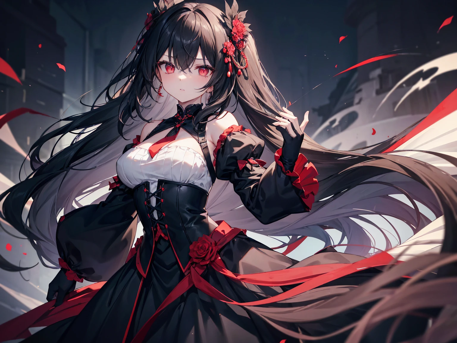 Vampire 4K image with black hair, , medium chest, red eyes, long hair, left bow tied under the sky with a beautiful expression.  with a smiling face