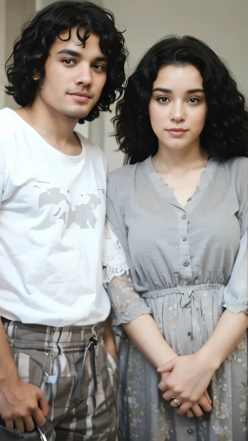 The man's shirt is light-black, his pants are black, his hair is curly black, and he has a watch on his left hand. The woman is wearing a light-purple dress, her hair is black, and she is wearing a watch on her right hand. Both are a couple. The color of the skin is Black. The floor is an old house indian cupple