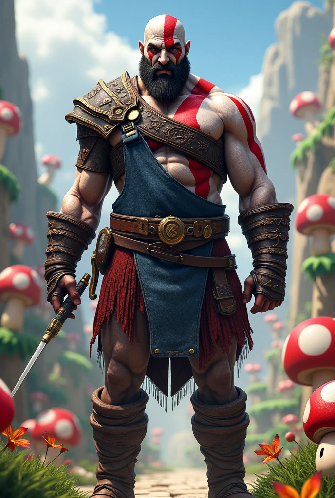 Give me 5 images of Kratos as a toy salesman