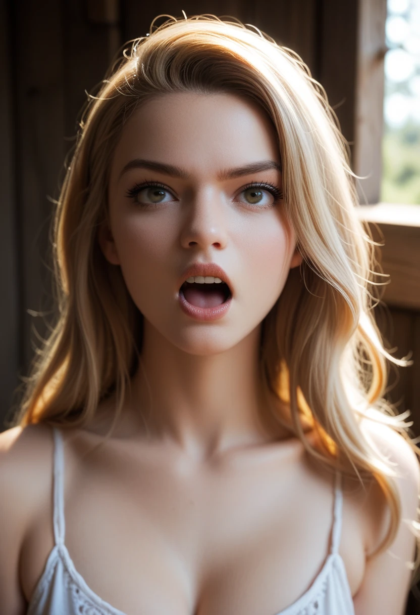 "anya taylor joy,  blonde with long hair tied up with a handkerchief, is "The Witch" From the farm , Goats, stare, possessed, yelling, annoyed,  líneas de exprisión  bien marcadas,  mouth wide open, frowning brow,  ultra-realistic ,  Super angle , frontal,  radiant background , natural,  atmosphere , mysterious,  volumetric lighting,  masterpiece ,  highly detailed skin , poris,  cinematic , add_Detail, 4k, high definition"