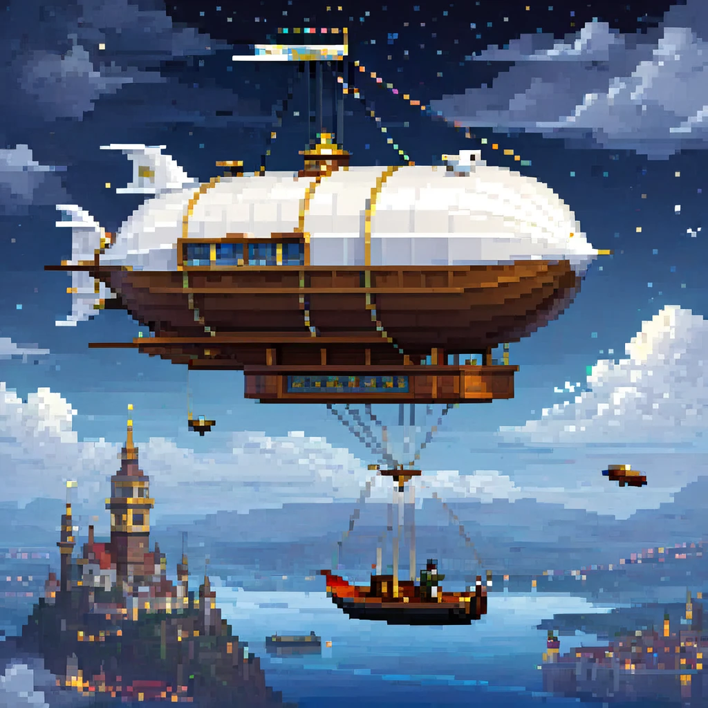 pixel art, (1 a white small dirigible airship adventure (1 a gondola)), night, clouds, stars, surround sky