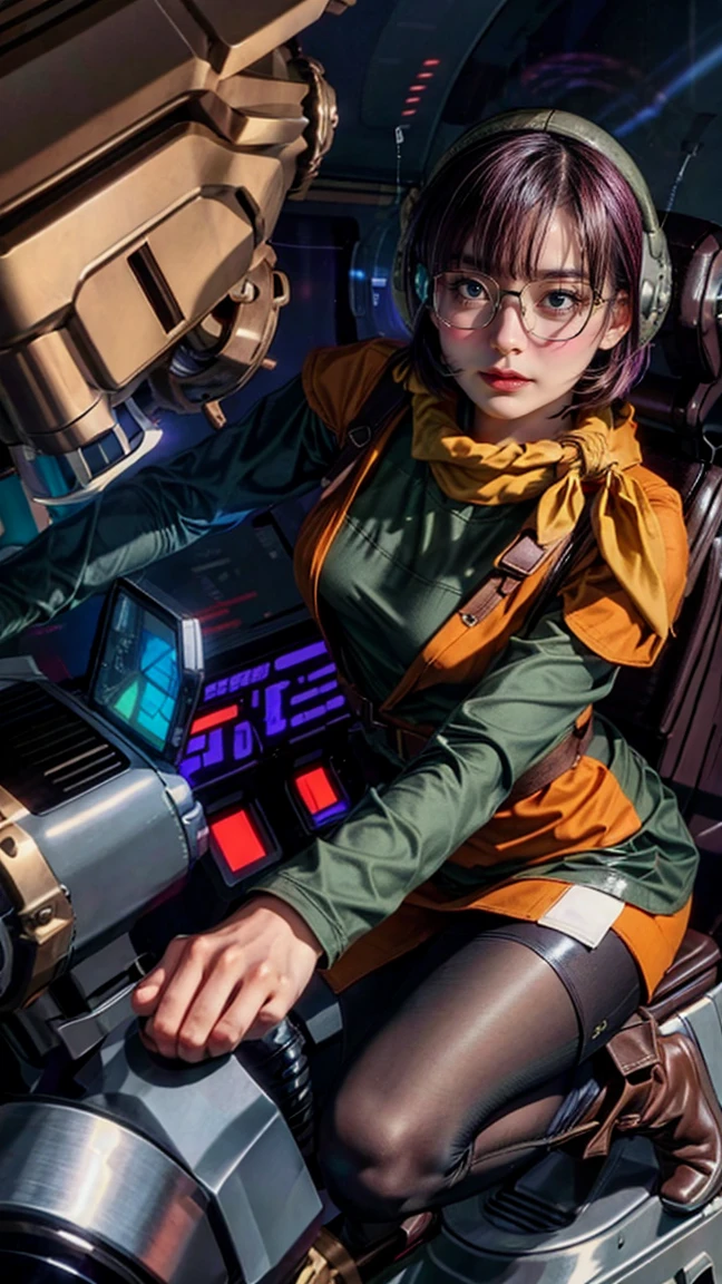 Lucca, (Ride machine Cockpit:1.2), ultra delicate face and details eyes, ultra detailed, (realistic), (solo), young woman, (purple color short bob hair, blunt bangs), BREAK (glasses), mechanical antenna earmuffs, yellow scarf, (orange color clothes), (long sleeve), BREAK (black short leggings), (boots), BREAK best quality, absolutely resolution, masterpiece, RAW photo