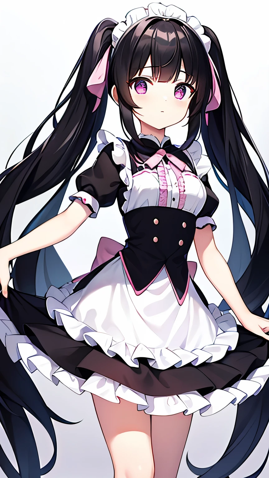 Character portrait　Princess Cut Long Hair　 twin tails　 black hair　 Earth system　 maid outfit 　Above the knee skirt　 pink　Ribbon　clear　There's a little movement 　 lots of frills　Slightly right-facing 　Does not extend beyond the