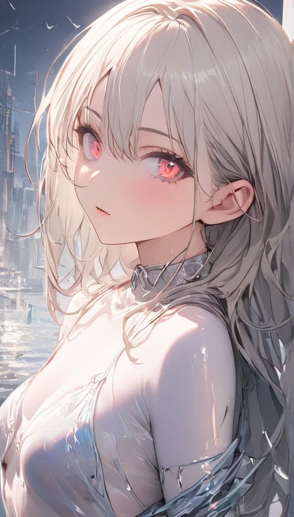 (( Robot Girl , Mecha)), Shining Eyes, delicate face, Broken Armor, Mechanical aura, Mechanical arm, Grey Hair,  long hair,  Girl Human Arm and Thigh , gap,  small breasts, Cyber background , Very nice city, (translucent, reflective skin), 8k,  best quality,  ultra detail, ( surrealism : 1.4),  