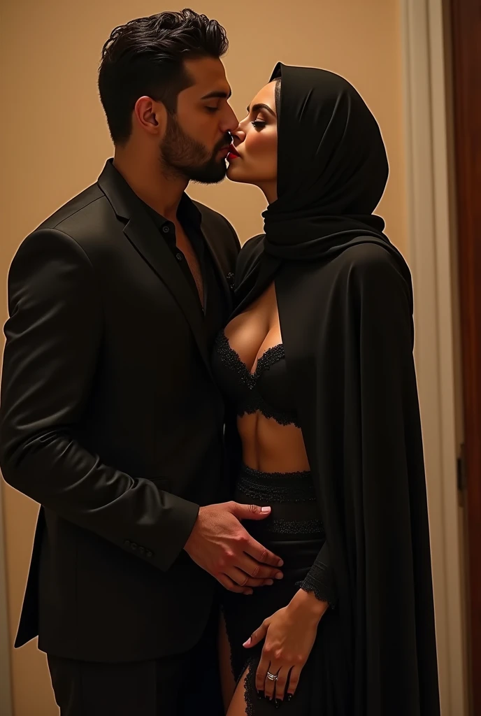 Nude Malay woman with hijab,arousal expression,moaning,closed mouth,some man holding her butt from older man leaning against her from behind picking her up, doggy style pose