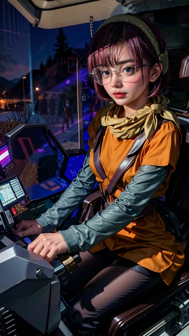 Lucca, (Ride machine Cockpit:1.2), ultra delicate face and details eyes, ultra detailed, (realistic), (solo), young woman, (purple color short bob hair, blunt bangs), BREAK (glasses), mechanical antenna earmuffs, yellow scarf, (orange color clothes), (long sleeve), BREAK (black short leggings), (boots), BREAK best quality, absolutely resolution, masterpiece, RAW photo