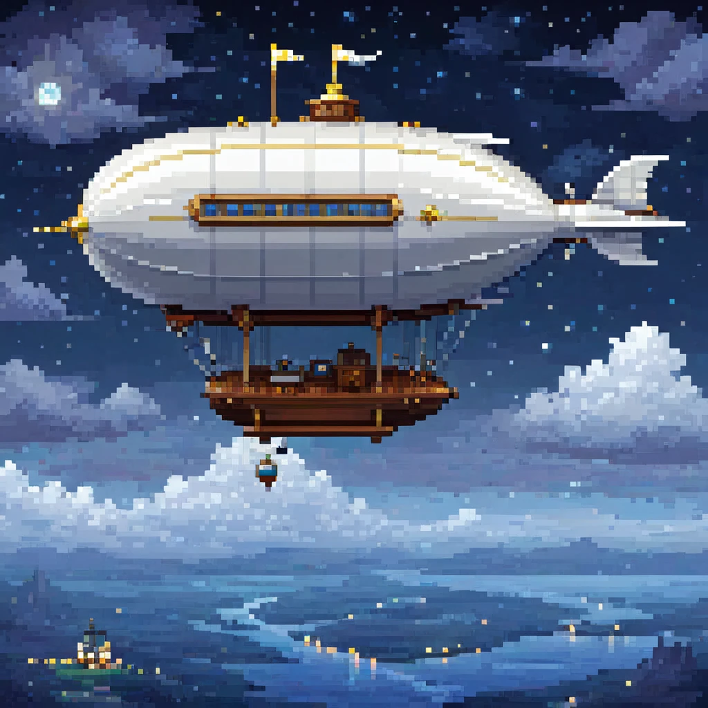 pixel art, 1 a white small dirigible airship adventure , night, clouds, stars, surround sky