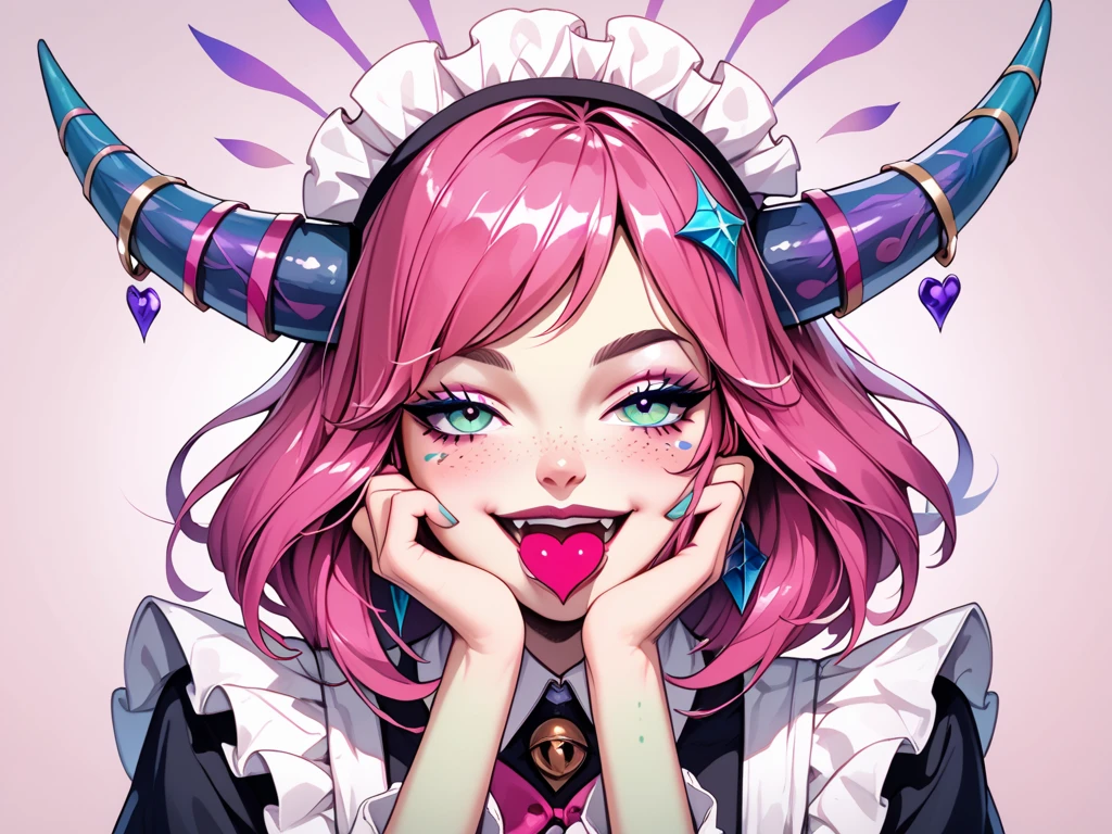  create a character inspired by succubus , ordinary pale skin half pinkish ,  short pink hair spiked to the sides  (baseado no da neeko de league of legends),  a maid-like dress with wide ruffles and wide sleeves ,  a skirt with a scarf on the right and left that extends the size of the skirt,  two pink and reddish horns on the head ,  eyes in the shape of a hot pink heart and two fastenings out of the mouth .