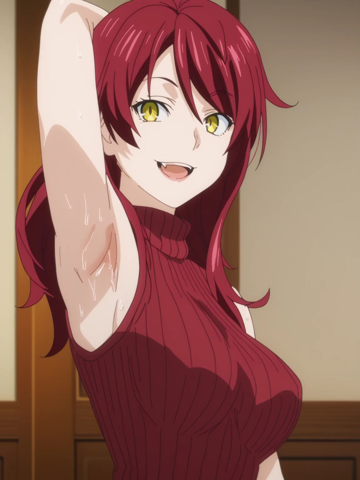 score_9, score_8_up, score_7_up, source_anime, anime screencap, 1girl, solo, kobayashi rindou, yellow eyes, red hair, red sweater, sleeveless sweater, turtleneck sweater, ribbed sweater, arm up, raised arm, armpit, from side, looking at viewer, head towards viewer, smile, opened mouth, fang teeth, badhandv4, indoors , detailed armpits, sweaty armpits