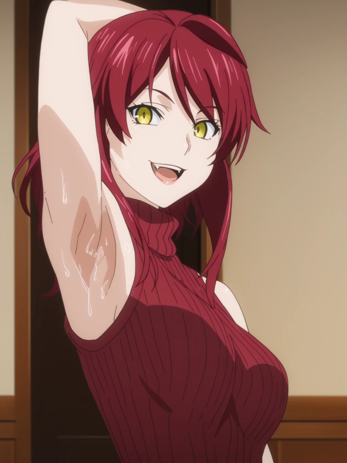 score_9, score_8_up, score_7_up, source_anime, anime screencap, 1girl, solo, kobayashi rindou, yellow eyes, red hair, red sweater, sleeveless sweater, turtleneck sweater, ribbed sweater, arm up, raised arm, armpit, from side, looking at viewer, head towards viewer, smile, opened mouth, fang teeth, badhandv4, indoors , detailed armpits, sweaty armpits