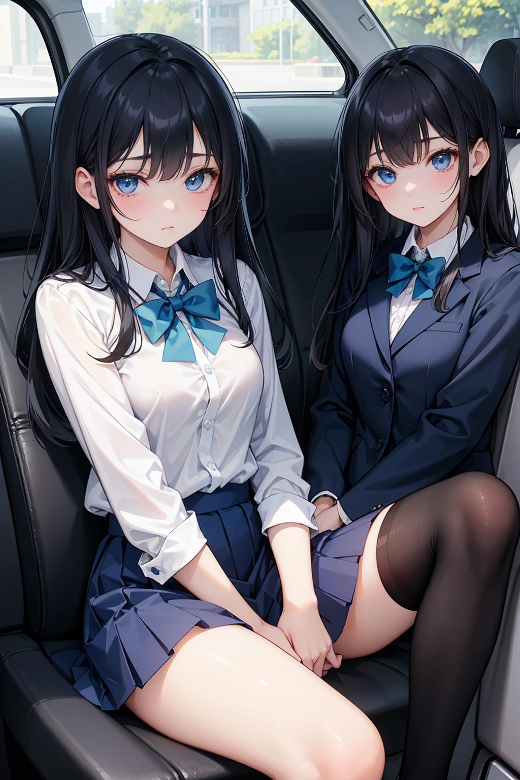 Highest quality, Ultra-high resolution, (Realistic: )2D official style cel animation,((Two girls are sitting in a row with their hands making peace signs))Grey suit、Grey tight mini skirt,(Lace panties、Panty stocking、Center seam)High heels,全身Portrait,Commuter train chair,sunny,Embarrassed face,front、Portrait