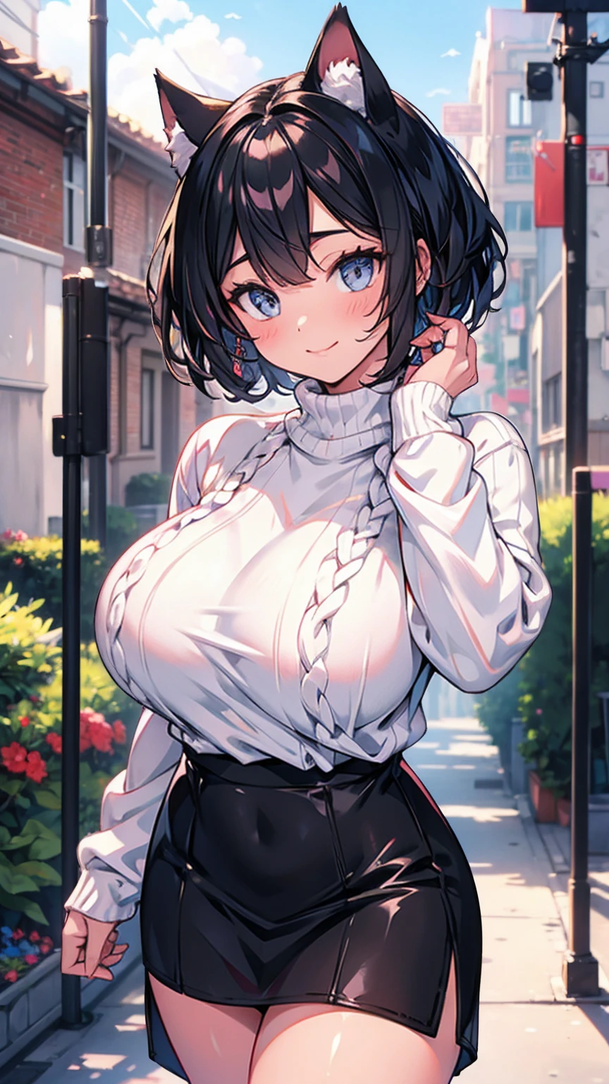  super detailed,(masterpiece)、(  best quality)、 1. Keep her face so detailed   ,  shorthair,   dog ear,    with very big breasts , big eyes,  white sweater , Black Long Skirt,8k,Immorality,     young woman ,Thighs,smile,Outdoor