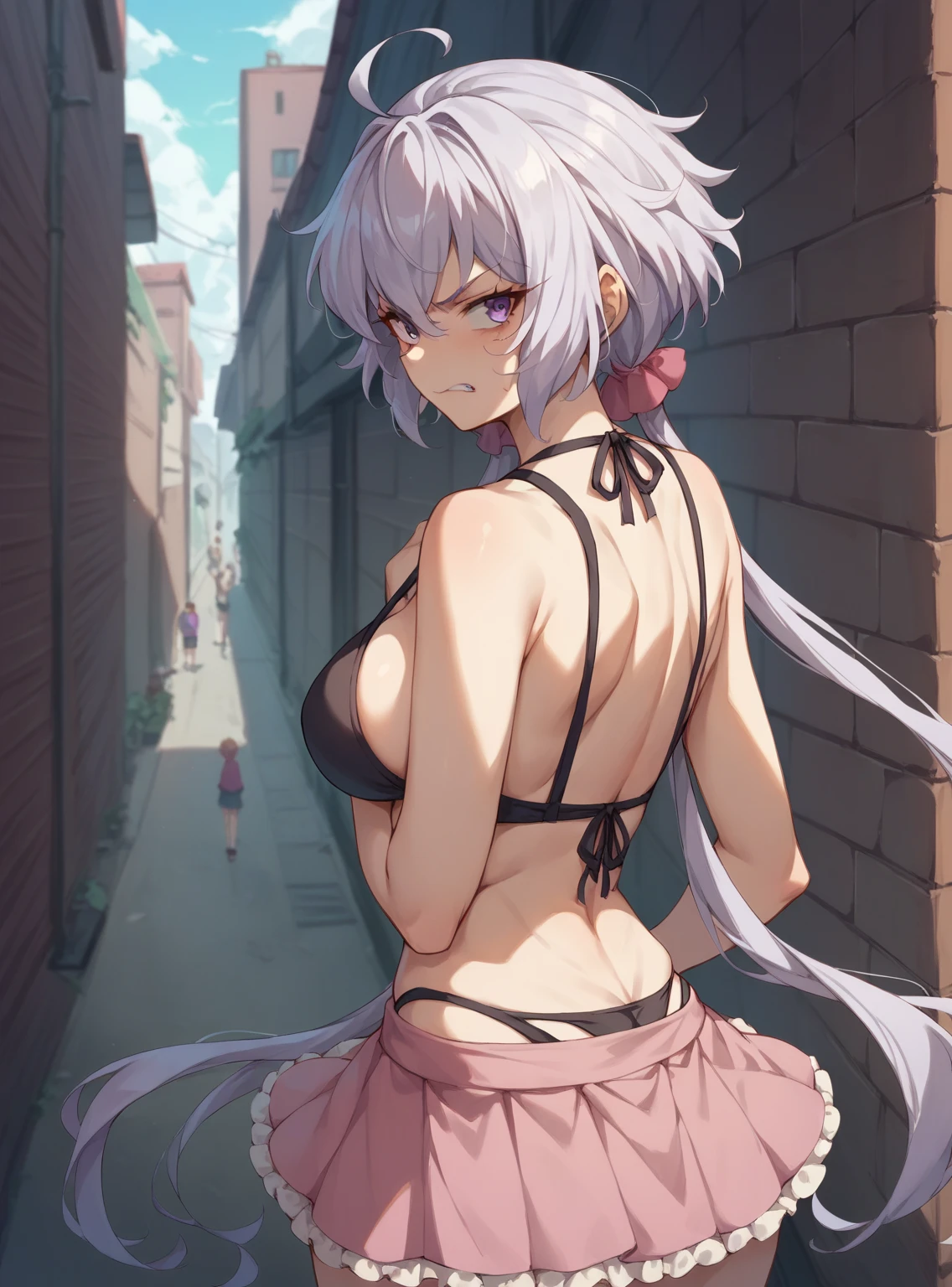 YukineChris,  black bikini、pink inseam skirt、blouse、 out of your belly button、 long hair, Purple Eyes,  twin tails,low  twin tails, Ahoge,  Big Breasts , indoor,  Back Alley、crowd、Angry face、 perfect finger、