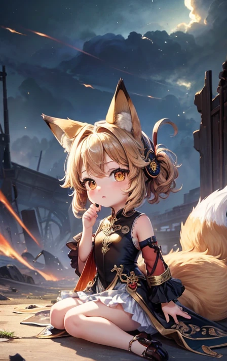 masterpiece:1.2，Illustration of a tornado blowing in the background， high definition ， best quality， Details，((Tornado storm:1.3))，Chibi character、Fox Girl 、fox ears、Fox Tail 、  big golden eyes、 View Audience,Wide angle