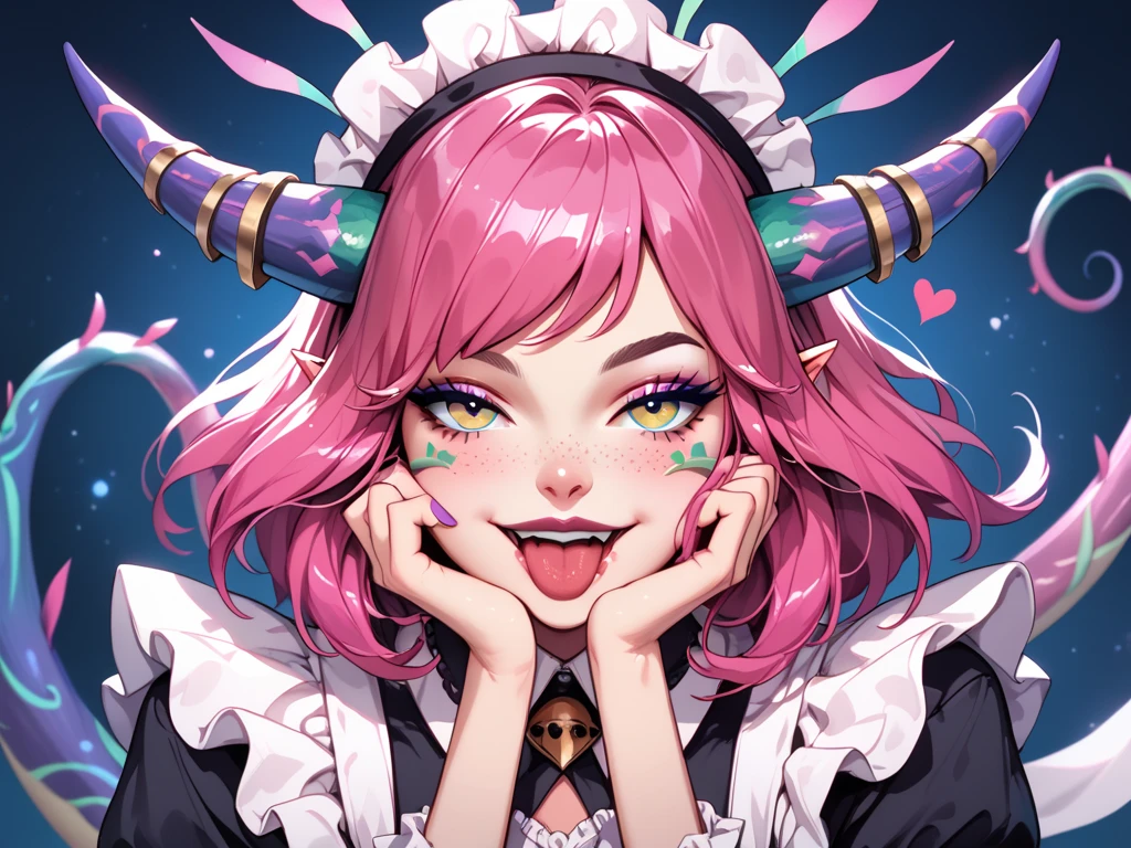  create a character inspired by succubus , ordinary pale skin half pinkish ,  short pink hair spiked to the sides  (baseado no da neeko de league of legends),  a maid-like dress with wide ruffles and wide sleeves ,  a skirt with a scarf on the right and left that extends the size of the skirt,  two pink and reddish horns on the head ,  eyes in the shape of a hot pink heart and two fastenings out of the mouth , And two elf ears.