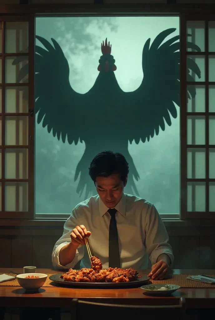  Arafe image of a man eating with the shadow of a bird on the wall,  Live action film color photography by  , Young Angel,  Ross Tran and Studio Ghibli  , Korean Artist,  from Arcane on Netflix ,  Ross Tran and Bayard Wu ,   still a fantasy movie  , A still from Loki ( 2 0 2 1 ),  demon sitting style 