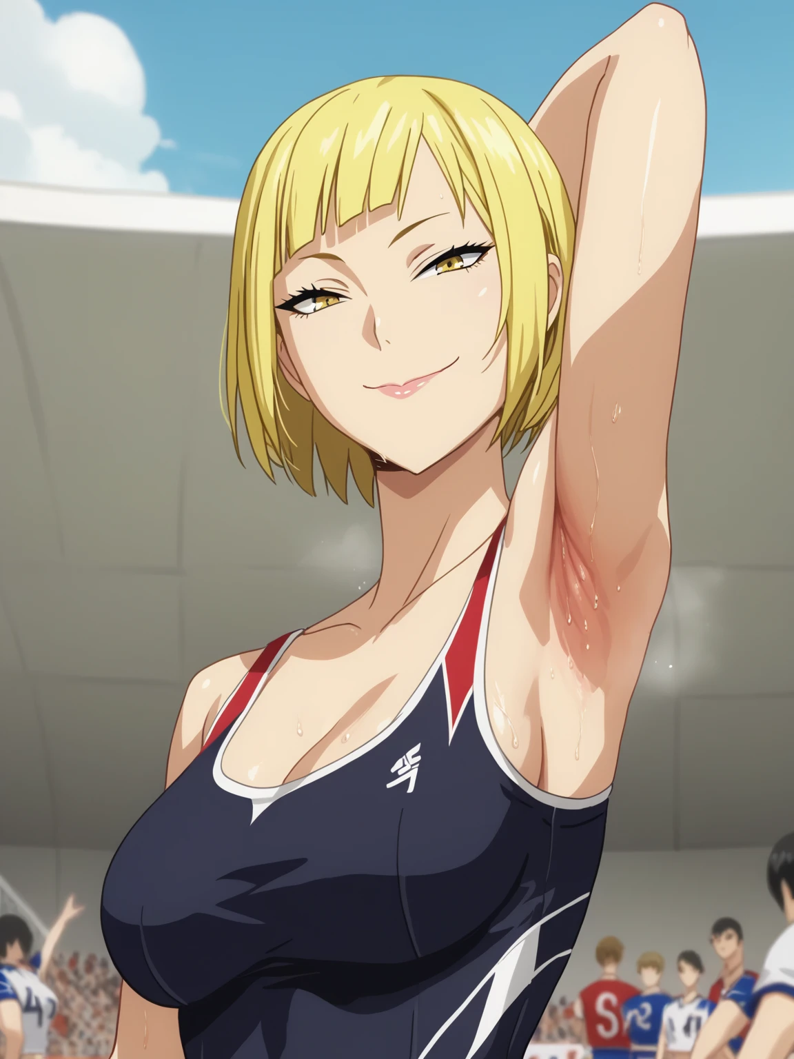 score_9, score_8_up, score_7_up, source_anime, anime screencap, 1girl, solo, saeko tanaka, short bob cut hair, yellow hair, yellow eyes , large breasts, volleyball outfit, arm behind head, armpit, armpit focus, from side, (from below:1.1), looking at viewer, head towards viewer, smile, closed mouth, badhandv4, outdoors, day, sweaty