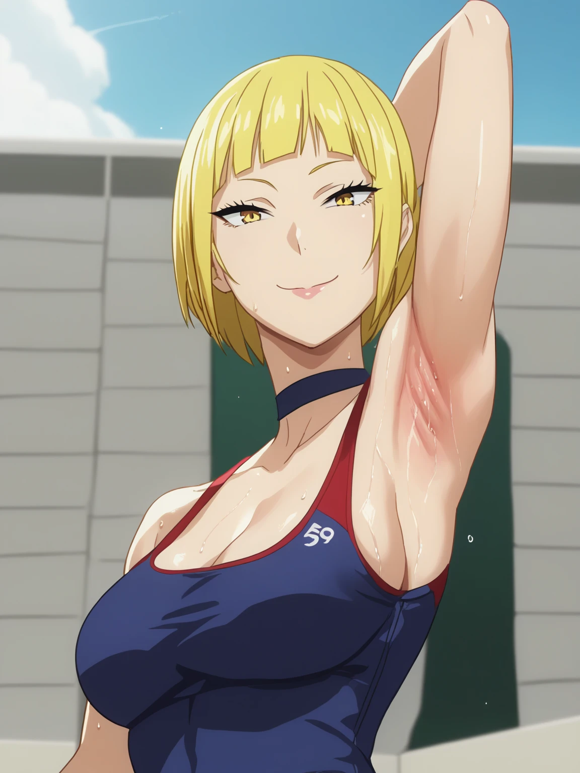 score_9, score_8_up, score_7_up, source_anime, anime screencap, 1girl, solo, saeko tanaka, short bob cut hair, yellow hair, yellow eyes , large breasts, volleyball outfit, arm behind head, armpit, armpit focus, from side, (from below:1.1), looking at viewer, head towards viewer, smile, closed mouth, badhandv4, outdoors, day, sweaty