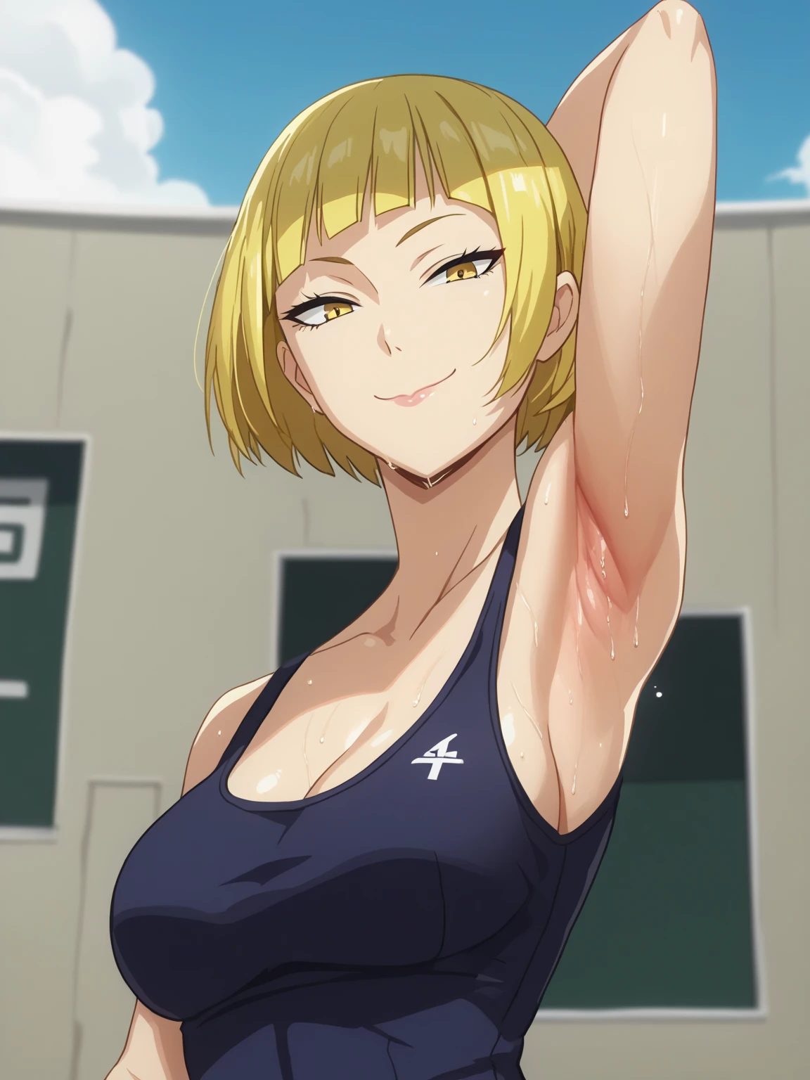 score_9, score_8_up, score_7_up, source_anime, anime screencap, 1girl, solo, saeko tanaka, short bob cut hair, yellow hair, yellow eyes , large breasts, volleyball outfit, arm behind head, armpit, armpit focus, from side, (from below:1.1), looking at viewer, head towards viewer, smile, closed mouth, badhandv4, outdoors, day, sweaty