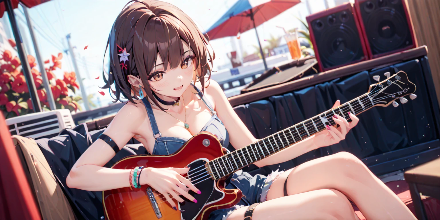 1 Girl, holding electric guitar, Small Breasts, Swimsuit, Practical, beach, wet, ocean, Umbilical cord, Sky, clavicle,masterpiece, best quality, High resolution, Fine details,