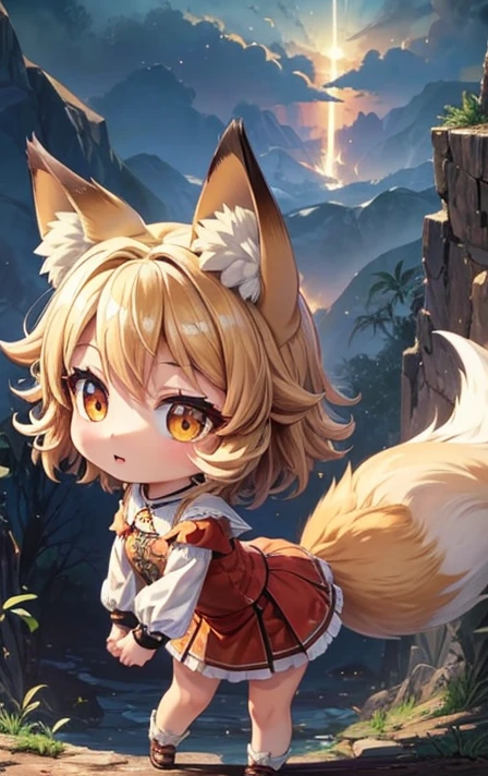 masterpiece:1.2，Illustration of a tornado rolling up in the background， Details，((Tornado storm:1.3)) high definition ， best quality，Chibi character、Fox Girl 、fox ears、Fox Tail 、  big golden eyes、 View Audience,Wide angle