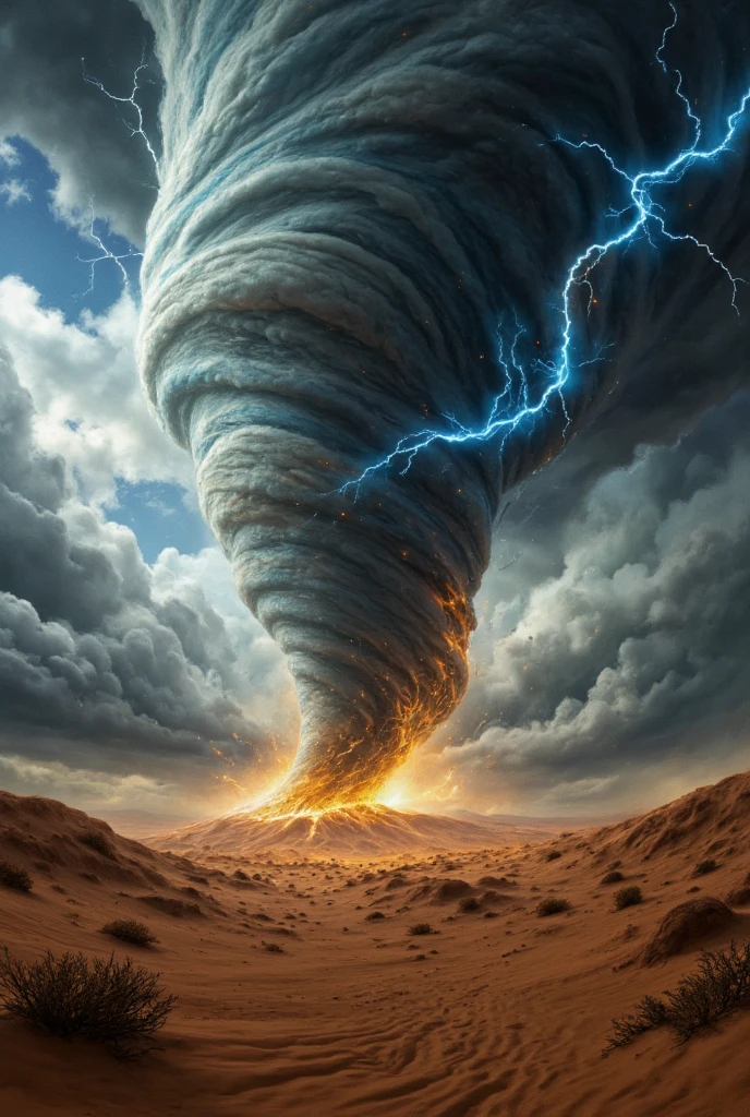 Desert wilderness, huge tornado, hurricane, spiral, lightning, sparks, terror, bold and dynamic, contrasts of light and shadow, 2.5D, artistic images art, ultra detailed, absolutely resolution, masterpiece