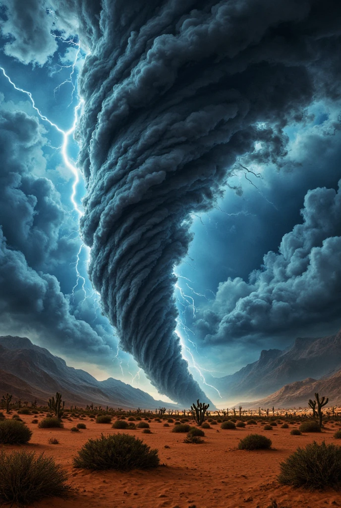 Desert wilderness, huge tornado, hurricane, spiral, lightning, sparks, terror, bold and dynamic, contrasts of light and shadow, 2.5D, artistic images art, ultra detailed, absolutely resolution, masterpiece