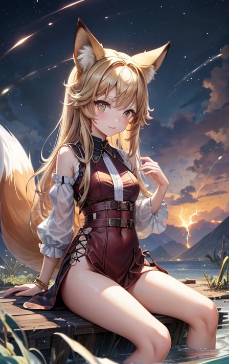 masterpiece:1.2，Illustration of a tornado rolling up in the background， Details，((Tornado storm:1.3))， high definition ， best quality，Chibi character、Fox Girl 、fox ears、Fox Tail 、  big golden eyes、Wide angle