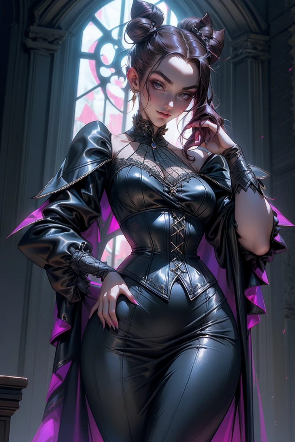 (masterpiece, top quality, best quality, official art, beautiful and aesthetic: 1.2), (1 woman: 1.3), long curly dark brown hair, ((fancy bun)), Victorian style, Victorian classic, extremely detailed, portrait, looking at the viewer, solo, (full body: 0.6), detailed background, close-up, mischievous eyes, (cold midnight castle theme: 1.1), vampire, long fangs, blood on chin, huge lips, charlatan, mischievous smile, mysterious, being seductive on the balcony, revealing gothic dress, extremely tight bodice, black costume, magenta skirts, off-the-shoulder, long sleeves, loose sleeves, black leather , cape, corset, black dress, fishnets, black high boots, buckles, straps, bags, glowing blood magic energy, dark magenta fabric, silver trim, black leather, extremely slim, slim waist, slim hips, medieval background (gothic castle exterior: 1.1), nocturnal, dark and mysterious lighting, shadows, magical atmosphere, abigail larson art style