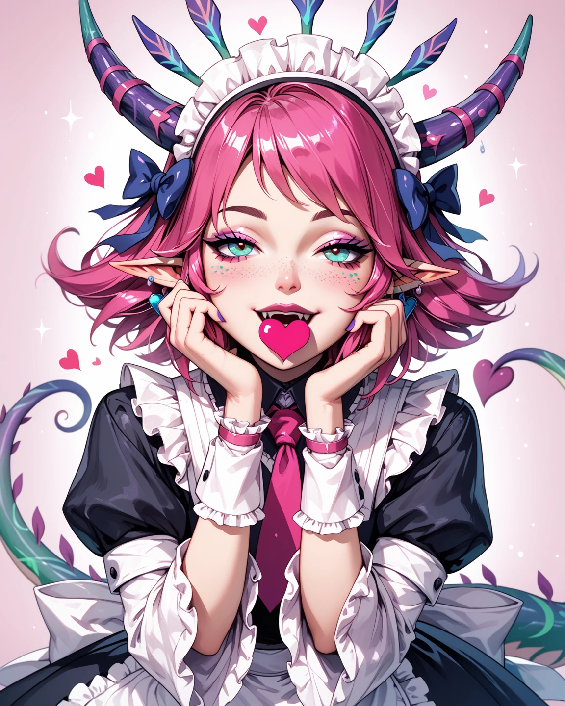  create a character inspired by succubus , ordinary pale skin half pinkish ,  short pink hair spiked to the sides  (baseado no da neeko de league of legends),  a maid-like dress with wide ruffles and wide sleeves ,  a skirt with a scarf on the right and left that extends the size of the skirt,  two pink and reddish horns on the head ,  eyes in the shape of a hot pink heart and two fastenings out of the mouth , And two elf ears.  full body 