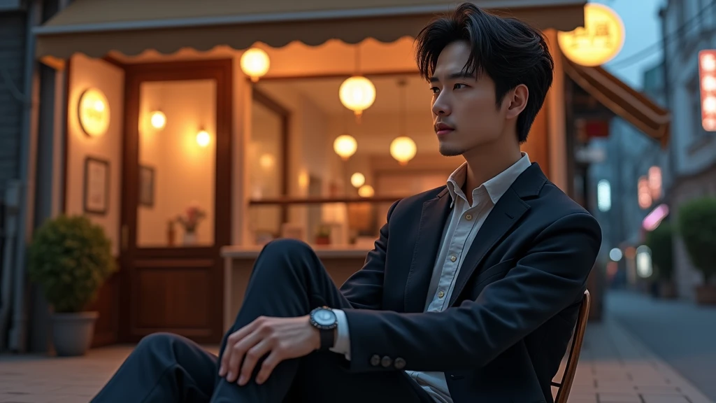 A handsome Korean man with his hair in a ponytail is smoking and sitting under a tree.
