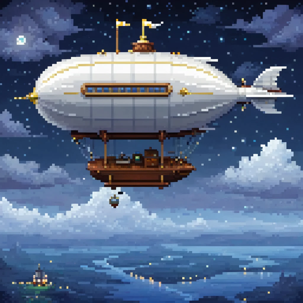 pixel art, 1 a white small dirigible airship adventure , night, clouds, stars, surround sky