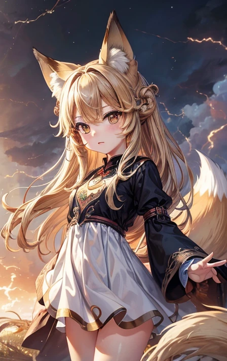 masterpiece:1.2，Illustration of the wind swirling behind it and rolling up， Details，((Tornado storm:1.3))， high definition ， best quality，Chibi character、Fox Girl 、fox ears、Fox Tail 、  big golden eyes、Wide angle