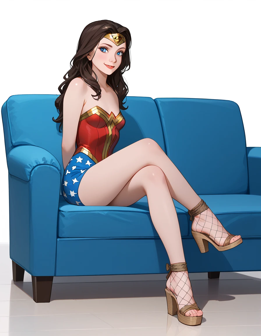 ((full body photo)) Wonder Woman, (sitting on couch, legs crossed), hands tied behind her back, masterpiece, best quality, showing feet, (profile photo), highly detailed, score_9, score_8_up, score_7_up, score_6_up, anime font, BREAK, long hair, blue eyes, small breasts, bow, looking at viewer, freckles, parted lips, smile, body full length, red lips, lips, leather pumps, side shot, she looks at you, fishnets, white background, neutral cast, gladiador sandals:1:9

