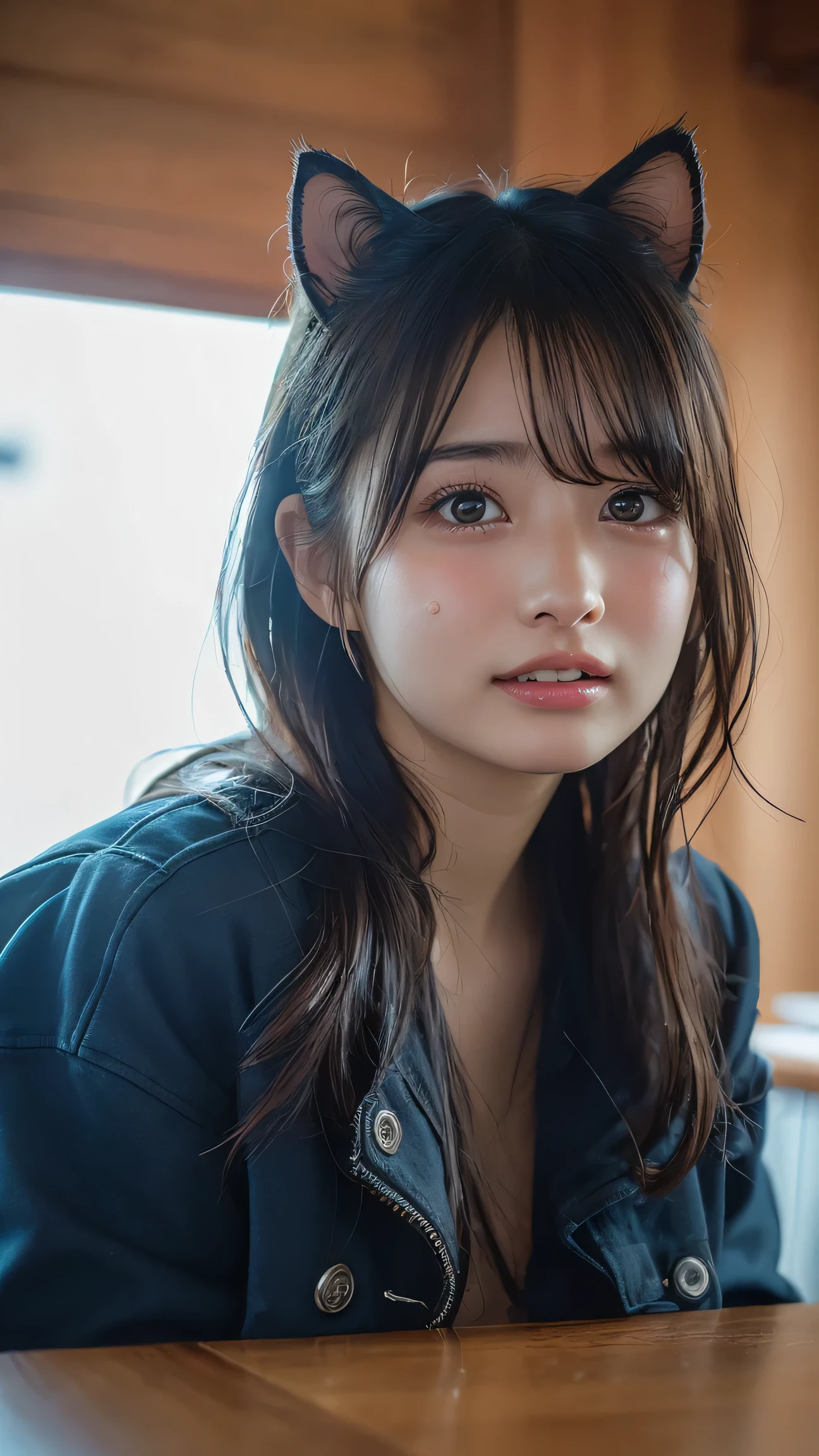 ((Upper Body:1.3)).Blown by the long wind [Blue-black:.3] hair,Looking at the audience, (Tabletop:1.3), (8K, Realistic, RAW Photos, Highest quality: 1.4), Japanese, (1 Girl), Beautiful Face, (Realistic face),{Wavy medium hair|Front hair long bob|short hair with long bangs}{Black hair|Brown hair|Blonde hair}, Beautiful hairstyle, Realistic eyes, Beautiful and beautiful eyes, (Realistic skin), Beautiful Skin, charm, Ultra-high resolution, Surreal, Very detailed, Golden Ratio,Female student peeing in the toilet、shame(Blushing:1.3)