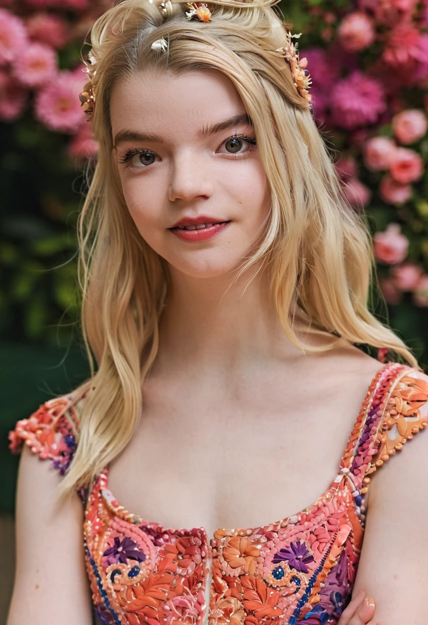 close up of a blonde woman <lora:b4rr3f43ll1:1.2> in a crown and baroque pink victorian dress, highly detailed, stunningly beautiful, smiling, natural skin, highly detailed face, 8K, HD, freckles, standing in an jungle paradise