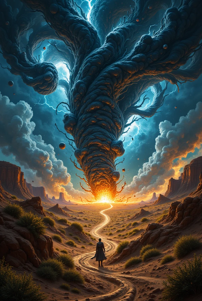 Desert wilderness, huge tornado, hurricane, spiral, lightning, sparks, terror, bold and dynamic, contrasts of light and shadow, 2.5D, artistic images art, ultra detailed, absolutely resolution, masterpiece